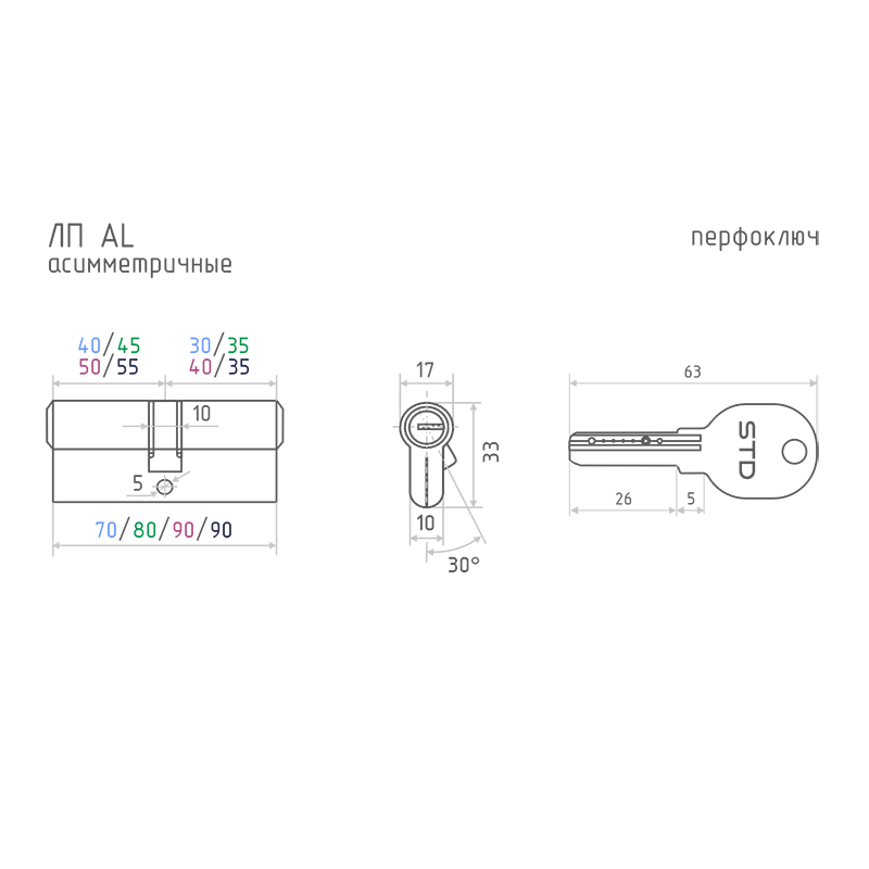Схема Цилиндр STD Al ЛП асимметричный цвет Золото Нора-М