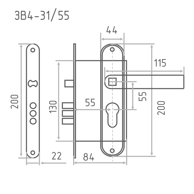 Схема Замок врезной ЗВ4-31/55 цвет Медь Нора-М