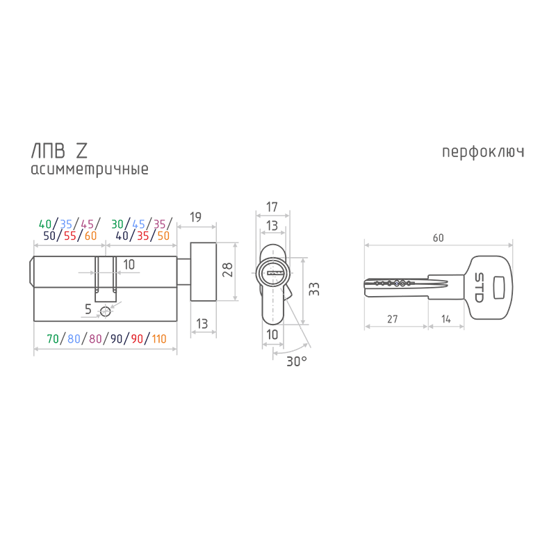Схема Цилиндр STD Z ЛПВ асимметричный цвет Золото Нора-М