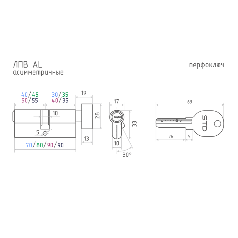 Схема Цилиндр STD Al ЛПВ асимметричный цвет Золото Нора-М
